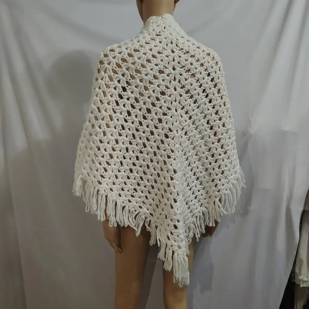 70s Cream Handmade Knit Acrylic Open-Knit Crochet Capelet Shawl Fringe Border OS